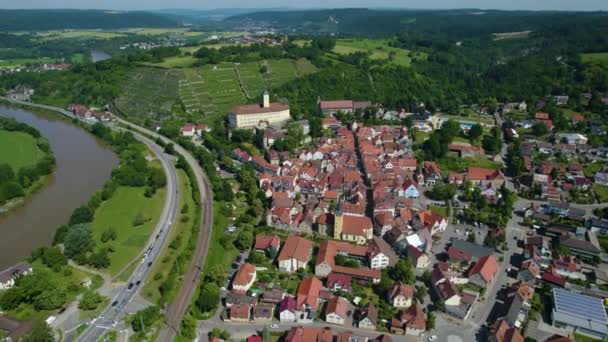 Vista Aérea Torno Cidade Gundelsheim Castelo Horneck Alemanha Num Dia — Vídeo de Stock