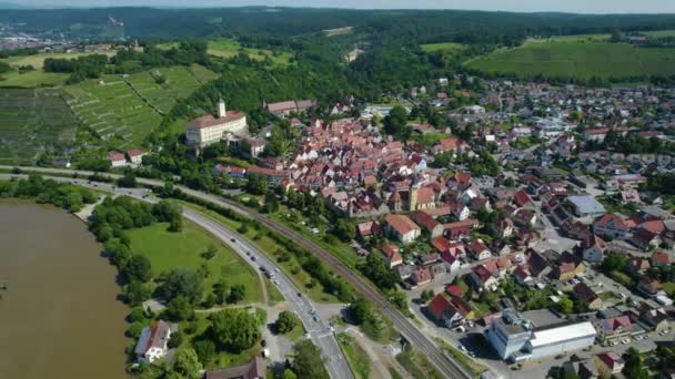 Vista Aérea Torno Cidade Gundelsheim Castelo Horneck Alemanha Num Dia — Vídeo de Stock