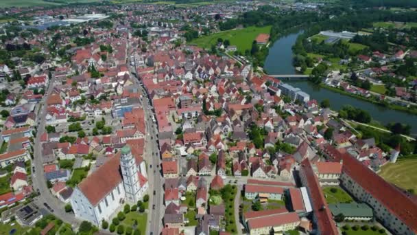 Luchtfoto Van Stad Lauingen Duitsland Beieren Een Zonnige Lentedag — Stockvideo