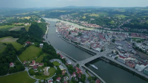 Widok Lotu Ptaka Wokół Miasta Passau Niemczech Bawaria Słoneczne Popołudnie — Wideo stockowe