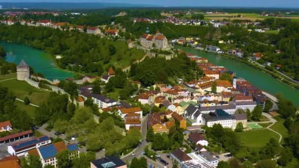 Вид Воздуха Город Бургхаузен Германии Бавария Солнечный Весенний День Время — стоковое видео