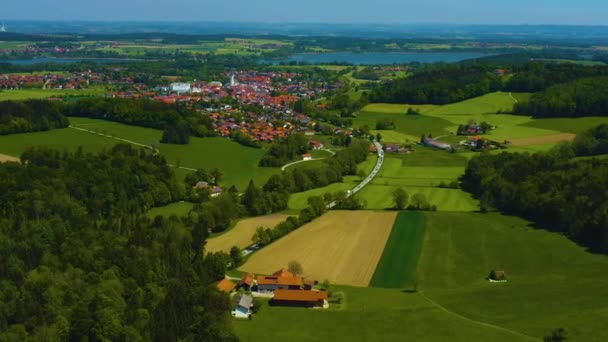 Vista Aérea Redor Aldeia Waging Veja Alemanha Baviera Dia Ensolarado — Vídeo de Stock