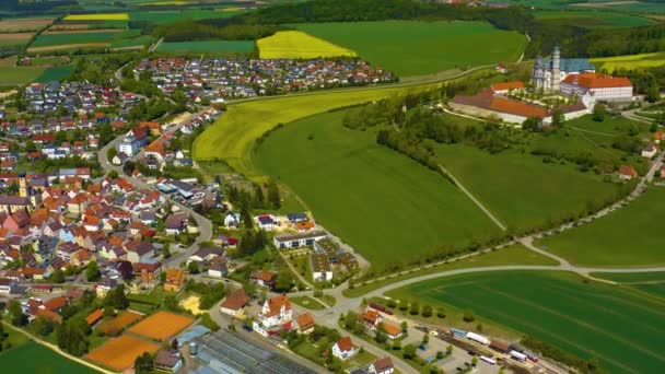 Aerial View Monastery City Neresheim Germany Bavaria Sunny Spring Day — Stock Video