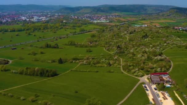 ドイツのフィールドや森林の周りの空中ビュー 動画クリップ