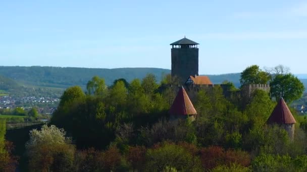 Vista Aérea Alrededor Del Pueblo Castillo Beilstein Alemania Día Soleado — Vídeo de stock