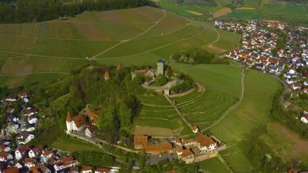 Vista Aérea Alrededor Del Pueblo Castillo Beilstein Alemania Día Soleado — Vídeo de stock