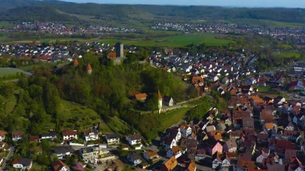 Vista Aérea Alrededor Del Pueblo Castillo Beilstein Alemania Día Soleado — Vídeo de stock