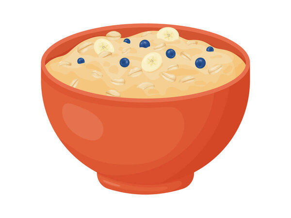 Oatmeal breakfast cup. Oat grain porridge. Cartoon style muesli. Vector illustration isolated on white background.