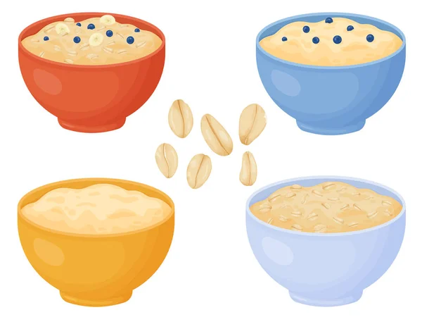 Yulaf ezmeli kahvaltı fincanı. Yulaf lapası. Çizgi film tarzı müsli. Vektör illüstrasyonu beyaz arkaplanda izole edildi.