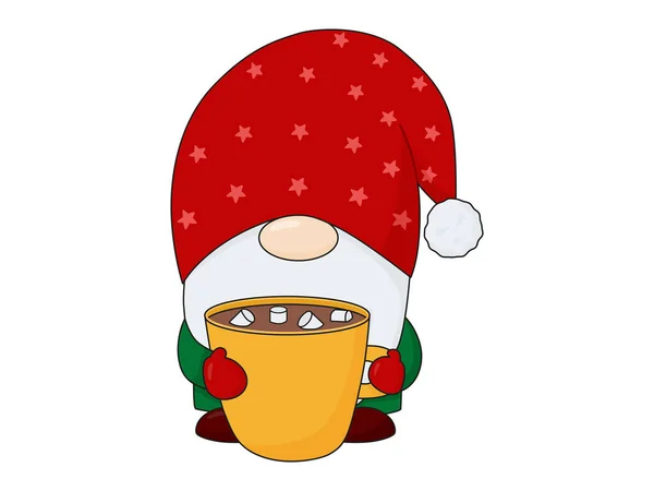 Gnomo de Navidad con cacao. Personaje navideño para postales. Gnomo escandinavo. — Vector de stock