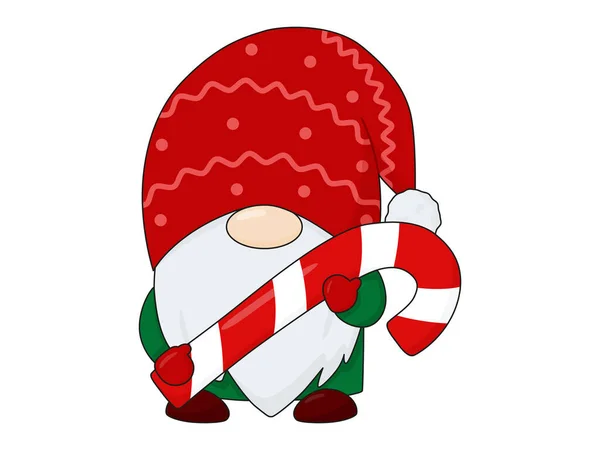 Gnomo de Navidad con caramelos. Personaje navideño para postales. Gnomo escandinavo. — Vector de stock