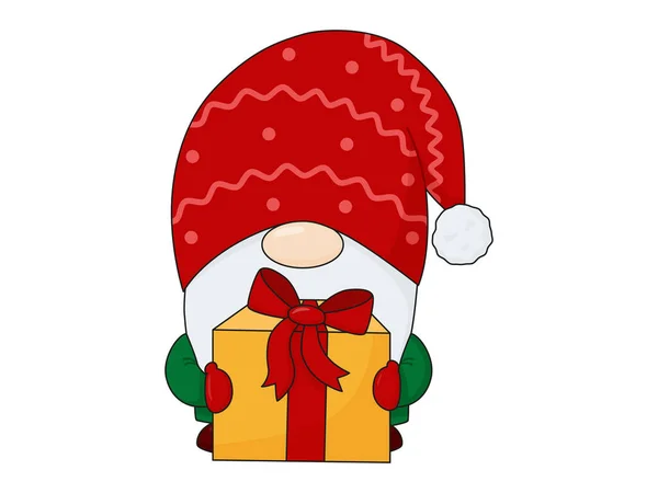 Gnome de Natal com presente. Personagem de Natal para cartões postais. Gnome escandinavo. — Vetor de Stock