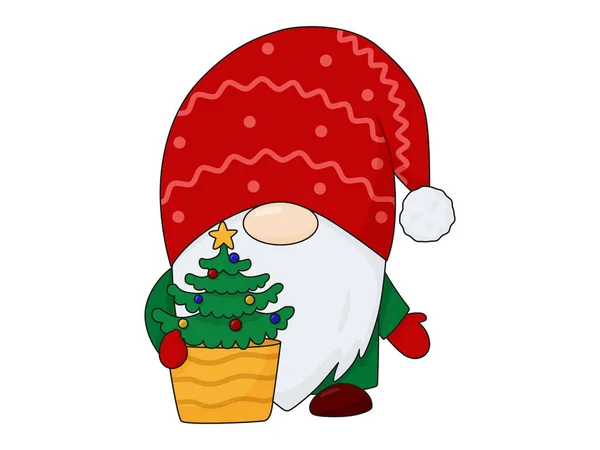 Рождественский гном с украшенной елкой. Рождественский персонаж для открыток. Скандинавский гном. — стоковый вектор