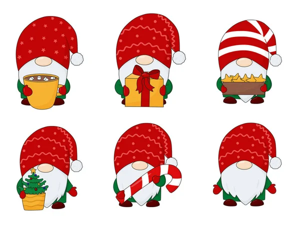 Set de gnomos navideños. Personajes navideños para postales. Gnomos escandinavos. — Vector de stock