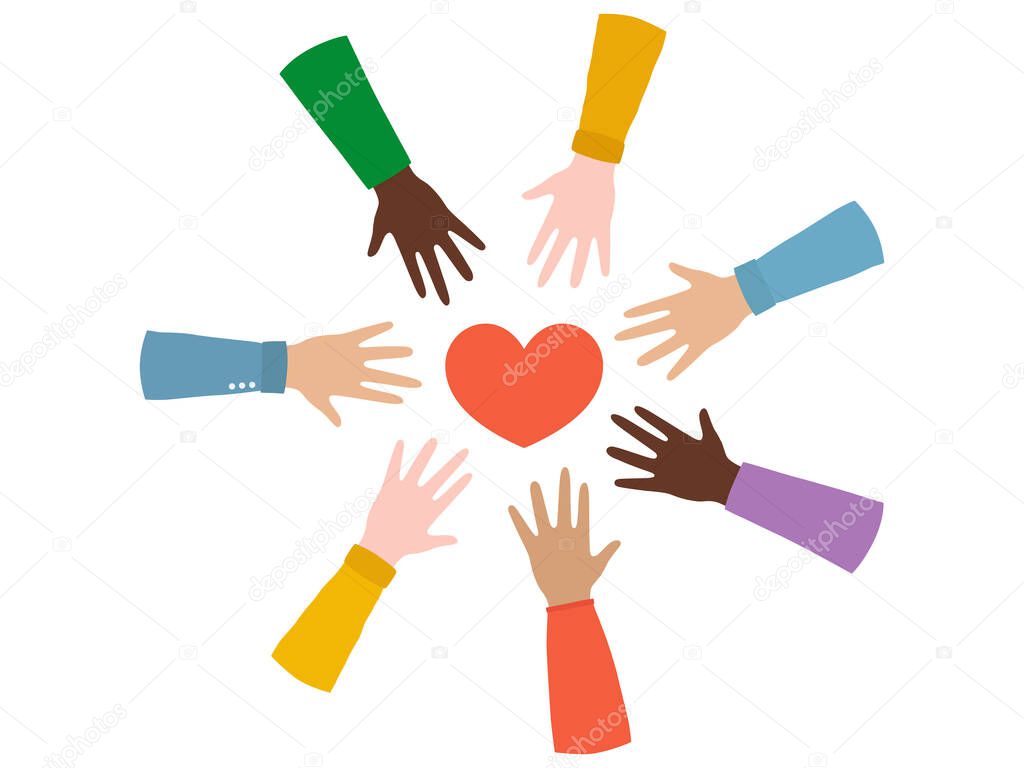 Different hands reach out to the heart. Vector concept illustration for sharing love, helping others, charity.