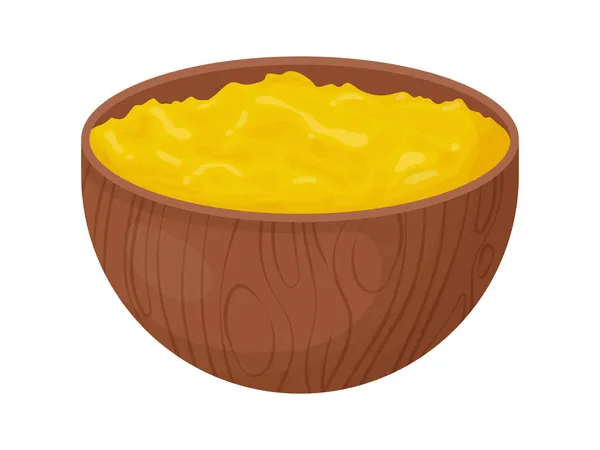 Ghee Tigela Madeira Com Colher Ásia Manteiga Tradicional Estilo Cartoon —  Vetores de Stock