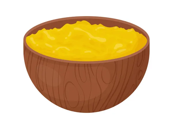 Ghee Cuenco Madera Con Cuchara Mantequilla Tradicional Asia Estilo Dibujos — Vector de stock