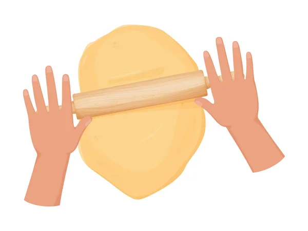 Χέρια με φρέσκια ζύμη και πλάστη. Τυλιγμένη ζύμη για ψήσιμο, πίτσα, μπισκότο, μπισκότο, ψωμί. — Διανυσματικό Αρχείο
