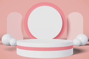 Yumuşak renkli podyumun 3D görüntüsü. Yuvarlak Pedestal ve Kopyalama Alanlı Minimal Stüdyo. , Ürün Sunumu.