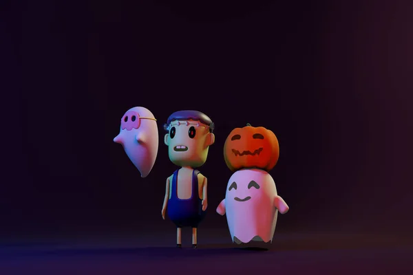 Cadılar Bayramı 'nda balkabağı Jack O Fenerleri ve Hayalet. 3B Hazırlama