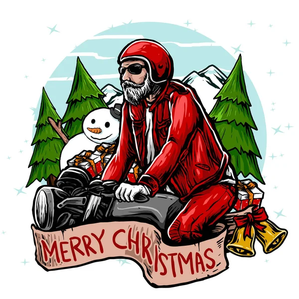 Santa Klauzula Jazdy Klasyczny Motocykl Sezonie Zimowym Wektor Ilustracji — Wektor stockowy