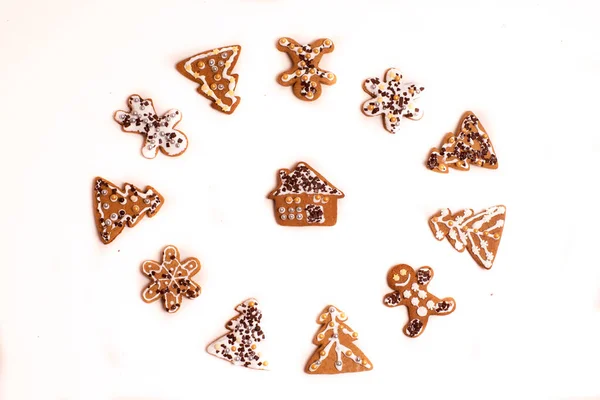 Christmas Gingerbread Cookies Arranged Shape Circle White Background — Stock Photo, Image