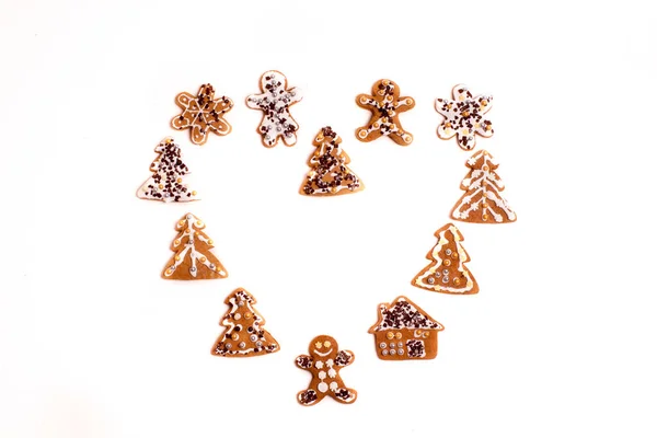 Christmas Gingerbread Cookies Arranged Shape Heart White Background — Stock Photo, Image