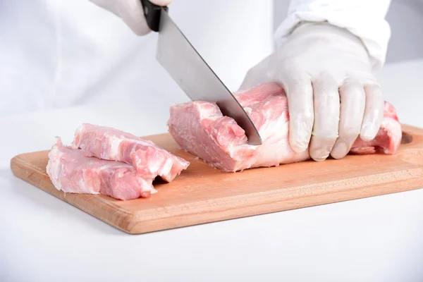 Carne Corte Açougueiro Tábua Corte Faca Retenção Cozinheiro Profissional Carne — Fotografia de Stock