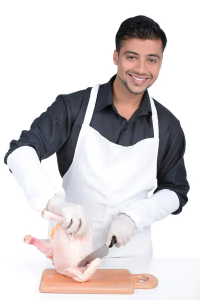 Young Handsome Man Holding Chicken Professional Butcher Apron Smiling Cooking — Stock Photo, Image