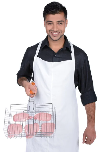 Jonge Vrolijke Slager Koken Biefstuk Geïsoleerd Witte Achtergrond — Stockfoto