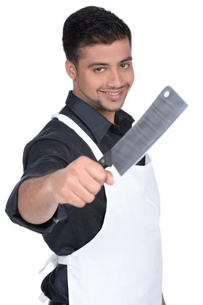 Homem Avental Com Uma Faca Bonito Açougueiro Sorrindo Segurando Faca — Fotografia de Stock