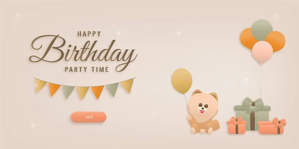  Happy birthday cute dog template design elements for party invitations A brown dog is sitting near a gift box holding balloons. happy smiling dog Paper And Craft Style Vector Illustration