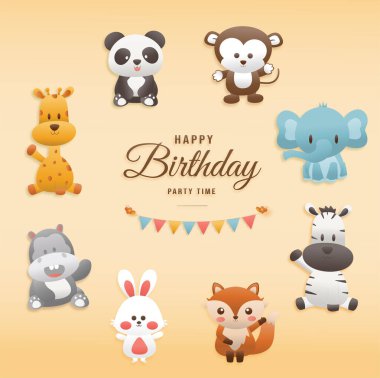 Şirin Hayvan Karakterleri Zürafası, Panda, Tilki, Maymun, Fil, Zebra, Hippopotam, Tavşan, Doğum günü Teması. Reklam yapmak için şablonlar. kağıt ve kağıt işi biçimi.