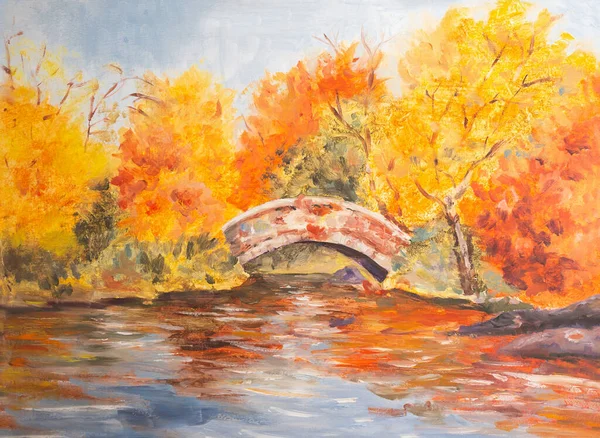 Podzimní Krajina Žlutými Oranžovými Listy Blízkosti Mostu Řeky Akvarel Ilustrace — Stock fotografie