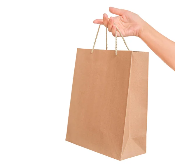 Einkaufstasche Aus Karton Weiblicher Hand Isoliert Auf Weißem Hintergrund — Stockfoto