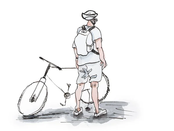 Man Med Cykel Ser Sig Omkring Och Vilar — Stockfoto