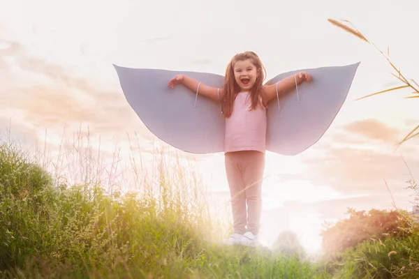 Дитяча Дівчина Крилами Заході Сонця Полі — стокове фото