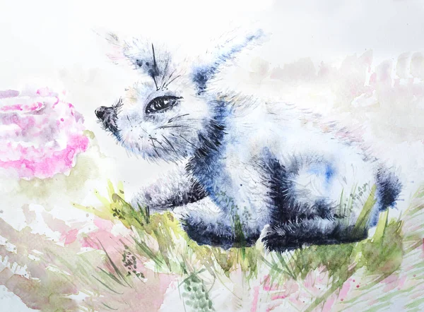 Fluffy Gray Rabbit Grass Watercolor Illustration — Foto Stock