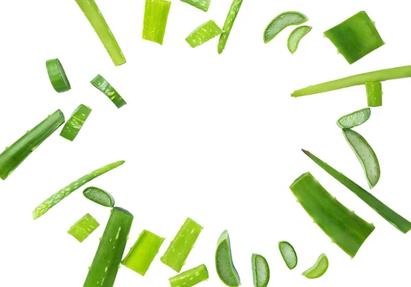 Aloe Vera Leaves Slices Frame Isolated White Background — Stock Photo, Image