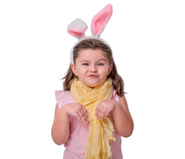 Child girl in Easter bunny ears isolated on white background