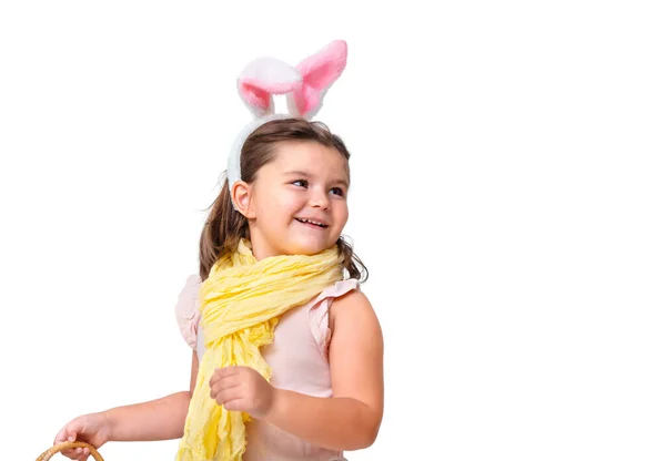 Child Easter Bunny Ears Turns Isolated White Background — Zdjęcie stockowe