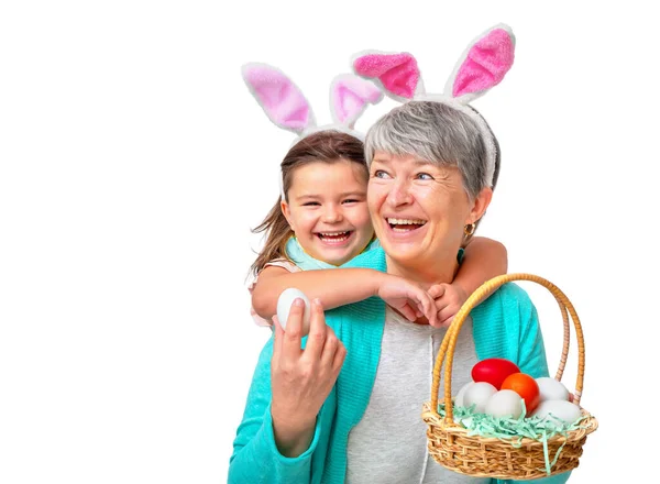 Portrait Grandmother Child Easter Bunny Ears Eggs Isolated White Background — Zdjęcie stockowe