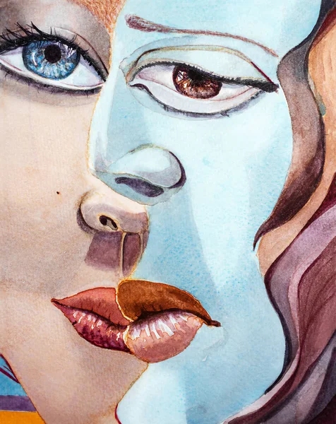 Two Faces Man Woman Watercolor Abstraction Stockfoto