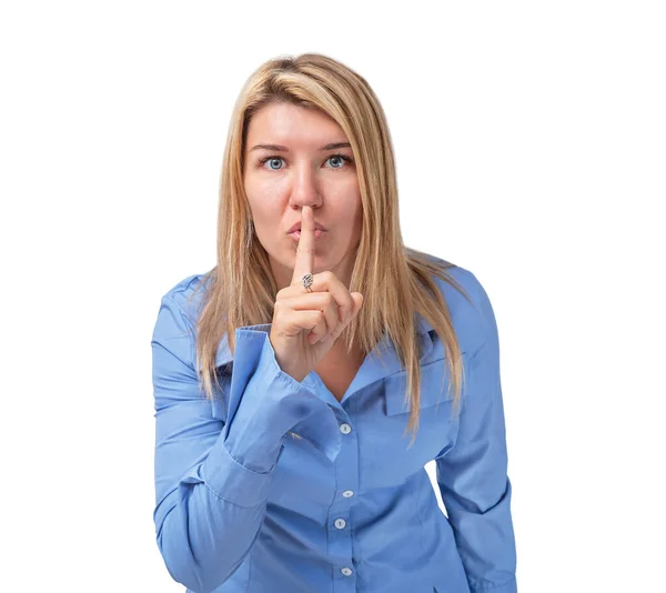 Young Woman Holds Finger Her Mouth Shows Quietly Isolated Stock Photo