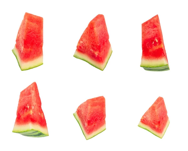 Rote Wassermelone Dreieckige Stücke Kollektion Isoliert Auf Weißem Hintergrund — Stockfoto