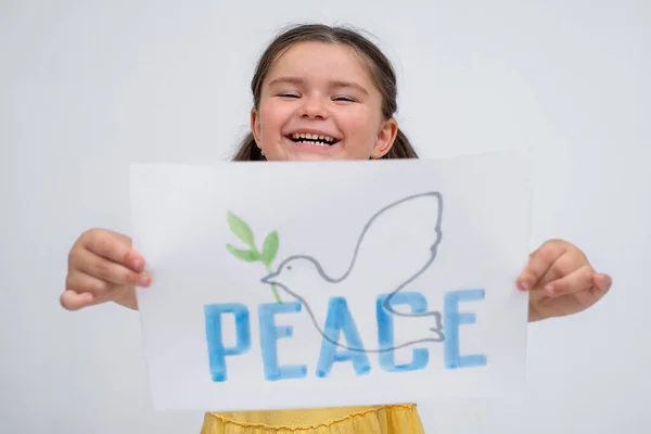 Portrait Child Girl Poster Dove Peace Gray Background — Stock Photo, Image