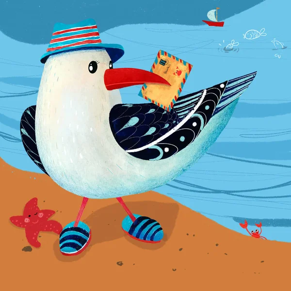 Deniz kıyısında tatilde bir mektupla martı.