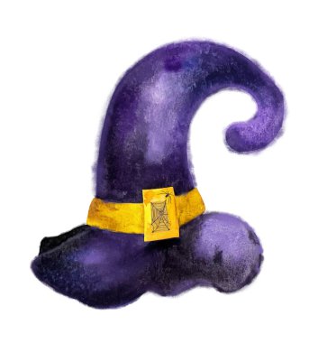 Beyaz arkaplanda tokalı suluboya resimli mor cadı şapkası