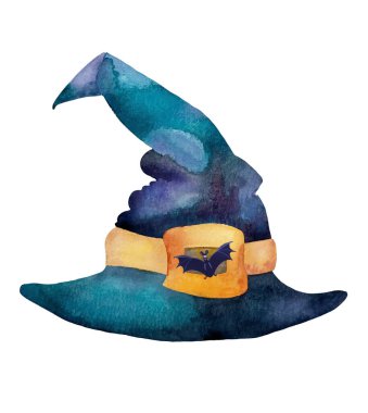 Beyaz arkaplanda yarasa izole edilmiş suluboya resim yeşil cadı şapkası