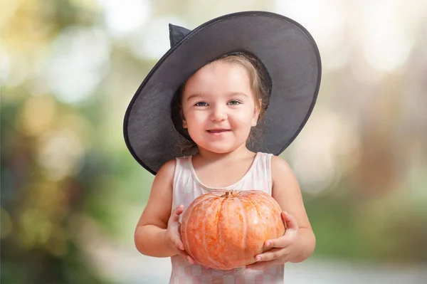 Child girl in hat with halloween pumpkin isolated on white background